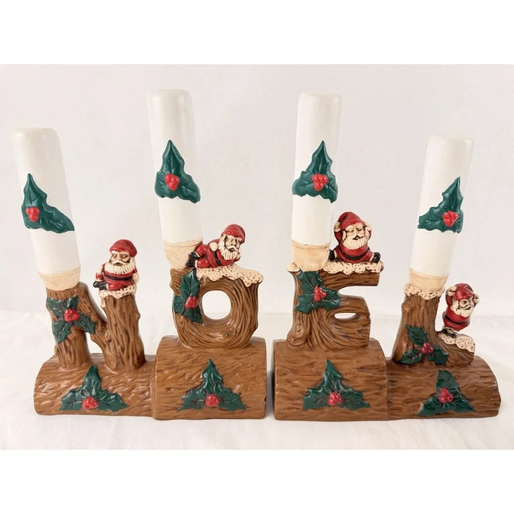 Vintage 1974 NOEL Ceramic Candle Holder Set Santa Log Christmas Decor - Picture 1 of 16